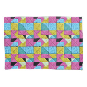 Boho Faux Patchwork Quilt Pink Yellow Blue