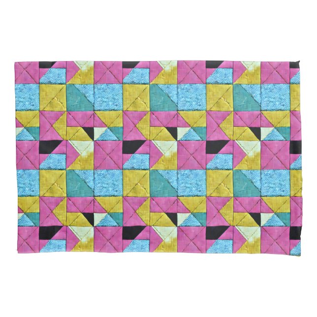 Boho Faux Patchwork Quilt Pink Yellow Blue (Frente)