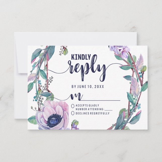 Boho Feather & Floral Wreath Wreply RSVP (Frente)