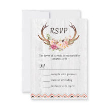 Boho Floral Antler Rustic White Wood Weding RSVP