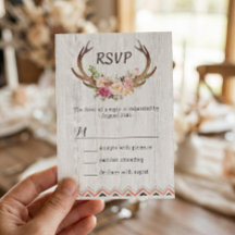 Boho Floral Antler Rustic White Wood Weding RSVP