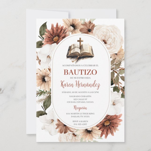 Boho Floral Baptism Convite Espanhol (Frente)