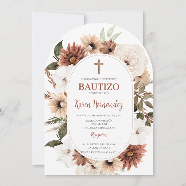Boho Floral Baptism Convite Espanhol (Frente)