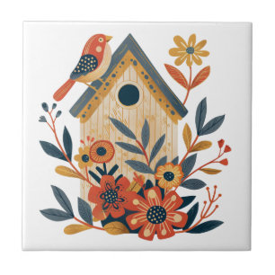 Boho Floral Bird House Arte Folclórica Escandinava