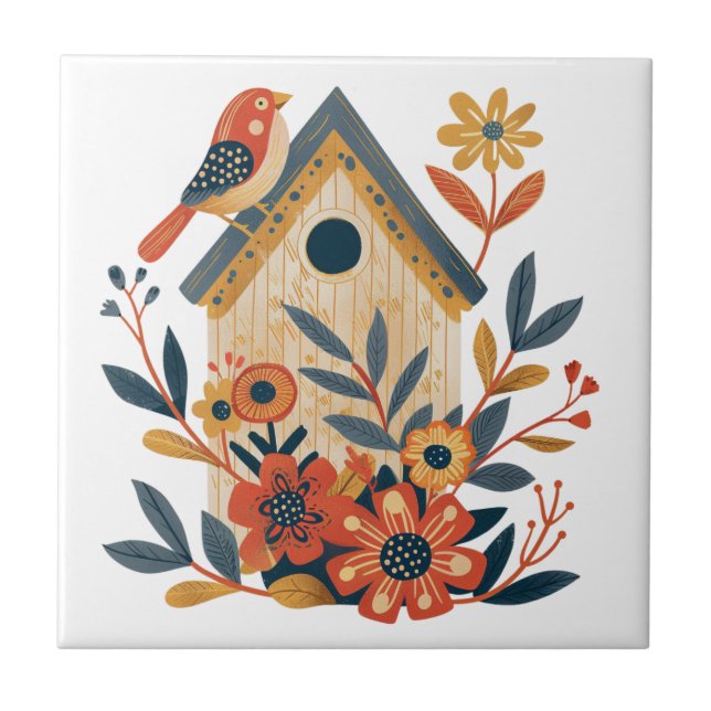 Boho Floral Bird House Arte Folclórica Escandinava (Frente)