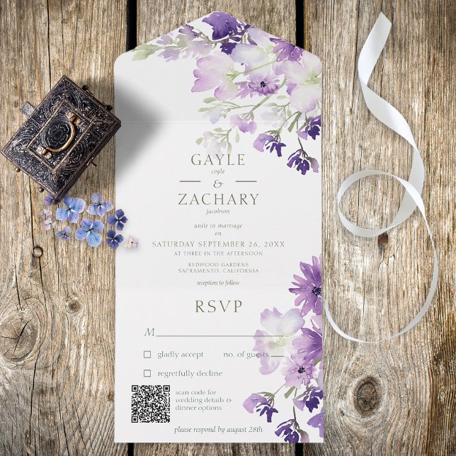 Boho Floral Branco Roxo Código QR (Criador carregado)