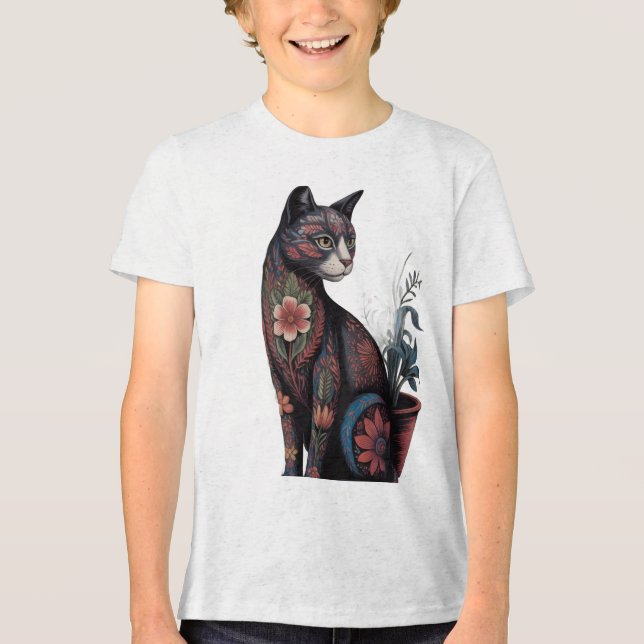 Boho Floral Cat T-Shirt – Artistic Botanical  (Frente)