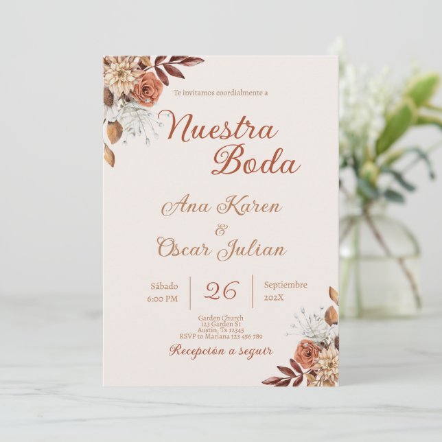 Boho Floral - Convite de casamento espanhol (Em pé/Frente)