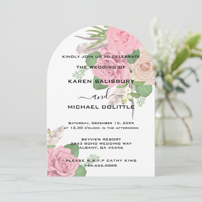 Boho Floral Convite de casamento, Personalizado Ed (Em pé/Frente)
