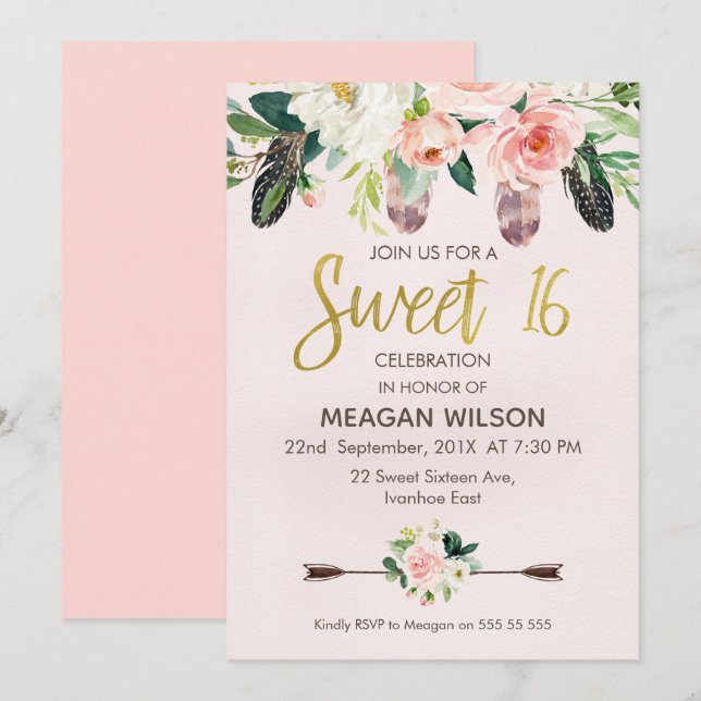 Boho Floral Cor-de-Rosa 16º Convite de Aniversário (Frente/Verso)
