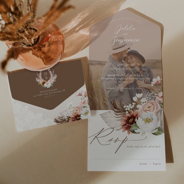 Boho Floral Country Western Monogramas Casamento F (Boho Floral Country Western Monogram Photo Wedding All In One Invitation)