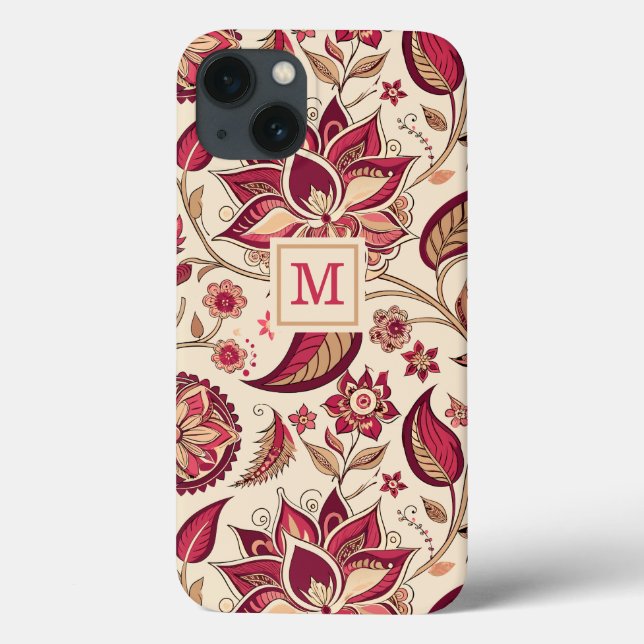 Boho Floral Deep Berry Pink em Cream Monograma (Verso)