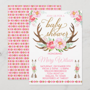 Boho Floral Deer Antler Chá de fraldas Convite