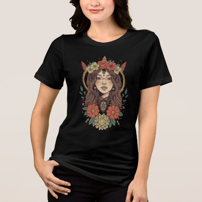 Boho Floral Girl Black T-Shirt (Frente)