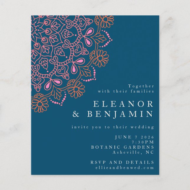  Boho Floral Mandala Teal Blue Casamento (Frente)