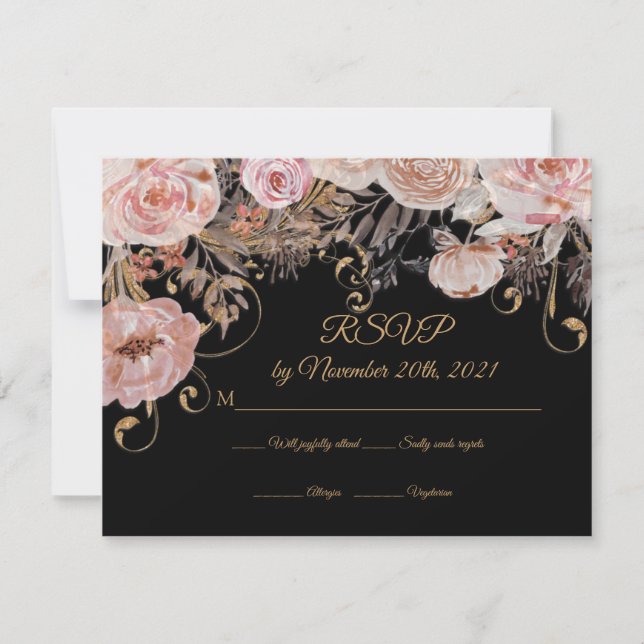 Boho Floral Preto Rosa Dourado RSVP Personalizado (Frente)