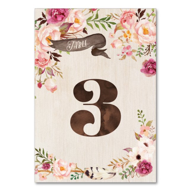 Boho Floral Rustic Table Number Cartão 3 (Frente)