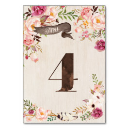 Boho Floral Rustic Table Number Cartão 4