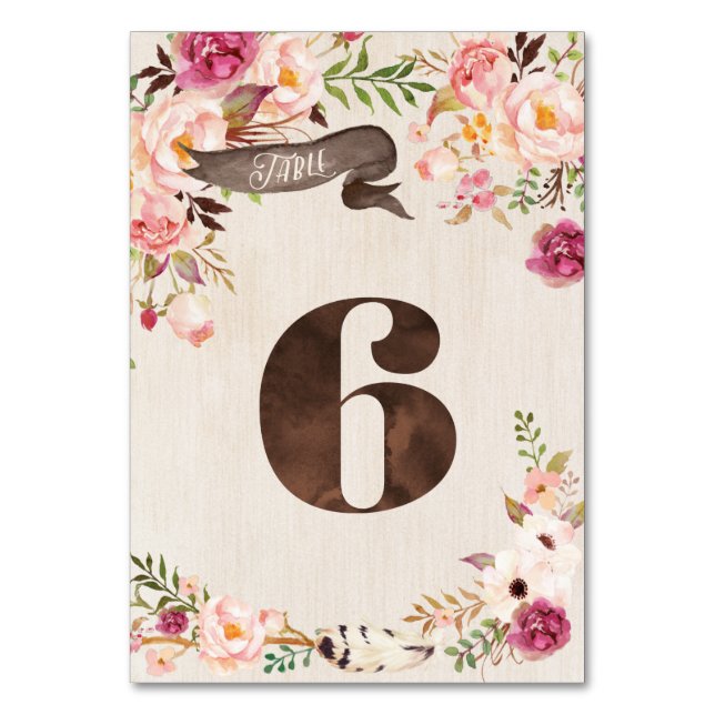 Boho Floral Rustic Table Number Cartão 6 (Frente)