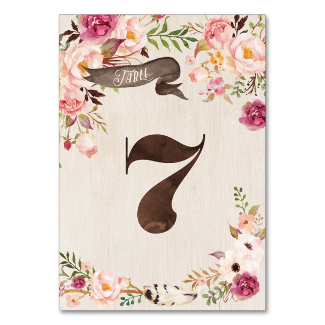 Boho Floral Rustic Table Number Cartão 7 (Frente)