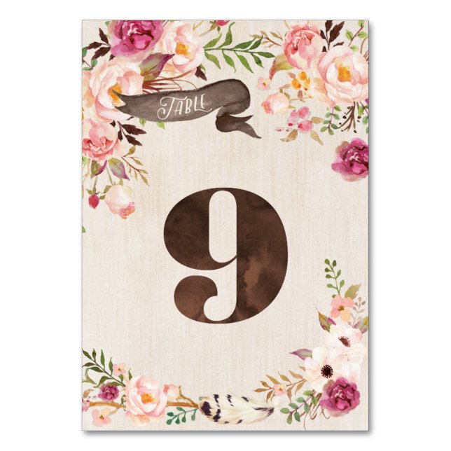 Boho Floral Rustic Table Number Cartão 9 (Frente)