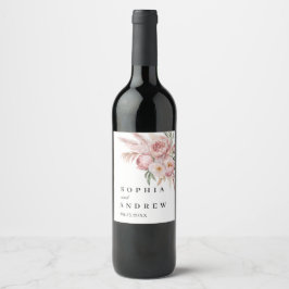 Boho Flores Rosa Pampas Rótulo de Vinho de Casamen