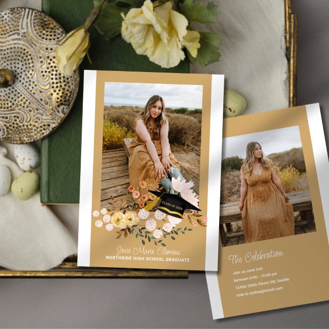Boho Flowers & Boné Graduação Foto Convite (Criador carregado)