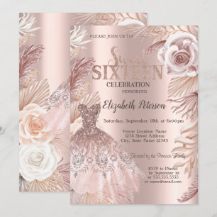 Boho Flowers Vestir Rosa Dourado Sweet 16 Convite