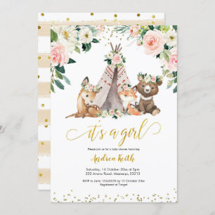 Boho Girl Floral Woodland Chá de fraldas Convite