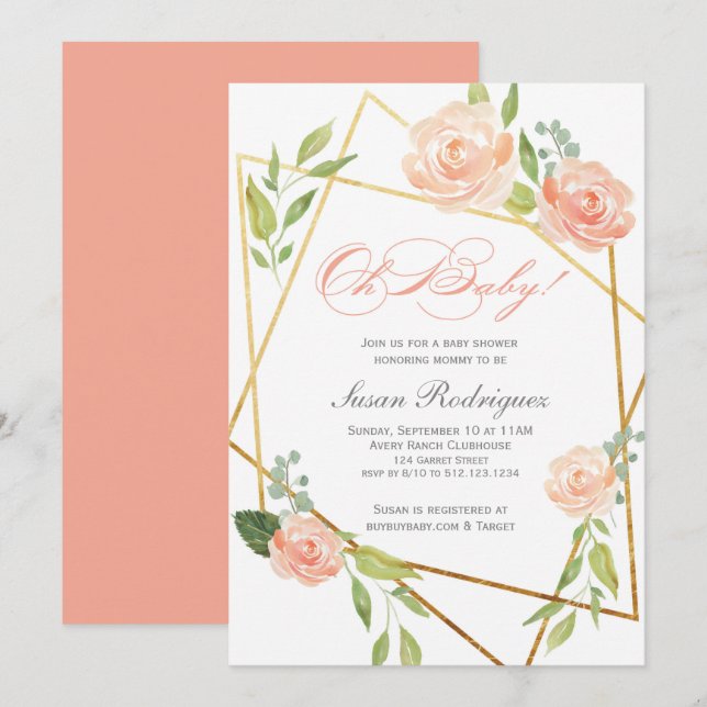 Boho Glam Chá de fraldas Convite Dourado Floral (Frente/Verso)