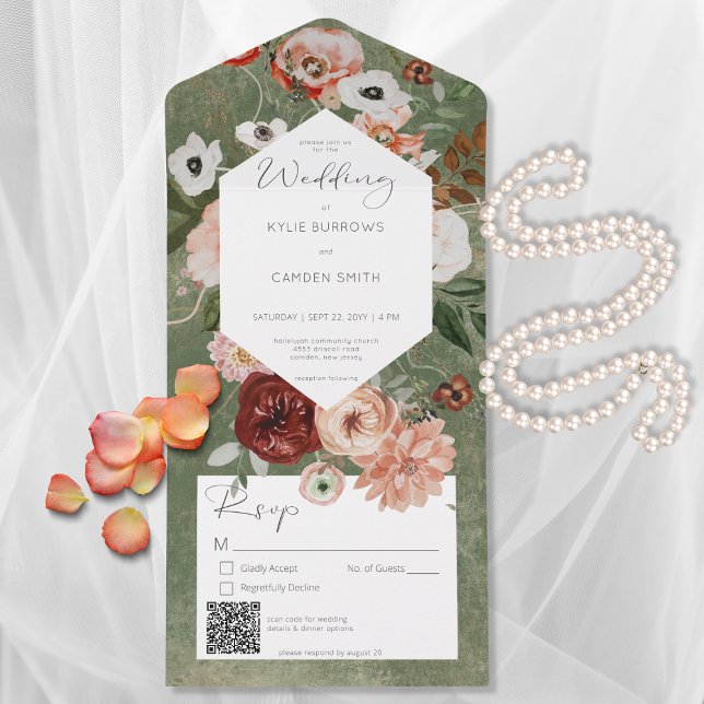 Boho Green Burgundy Fall Floral Código QR (Criador carregado)