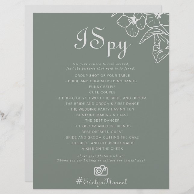 Boho Green Destination Floral I Spy Weding Game (Frente/Verso)