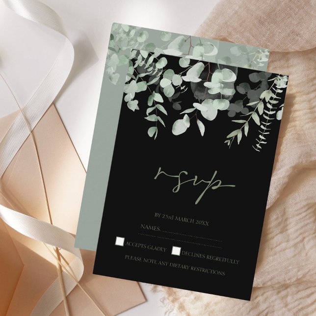 Boho Greenery Black Eucalyptus Wedding RSVP (Criador carregado)