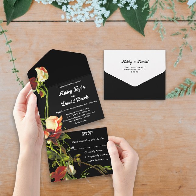 Boho Greenery Burgundy Rosas Black Floral Casament (Criador carregado)