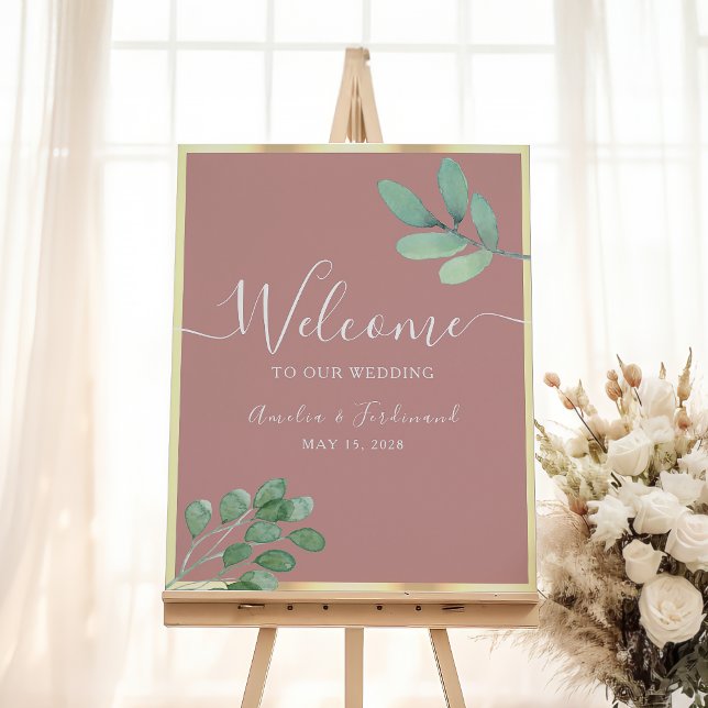 Boho Greenery Dusty Rosa Wedding Poster de Boho (Criador carregado)