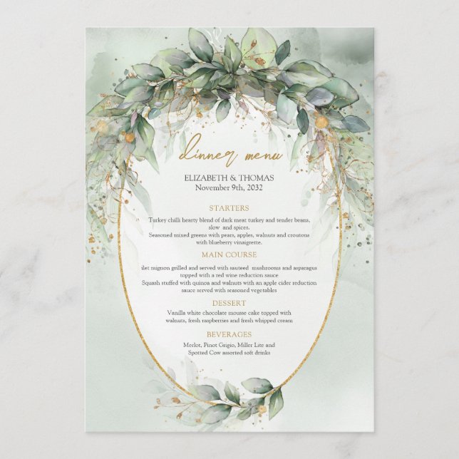 Boho greenery eucalipto foliage gold menu oval (Frente)
