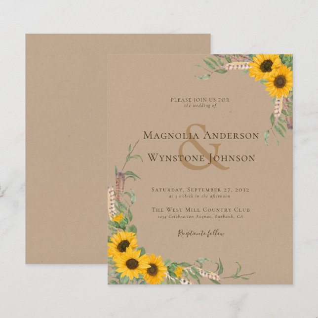 Boho Kraft Sunflower Casamento (Frente/Verso)
