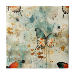 Boho Laranja Azul-Verde Borboleta Flor Silvestre P