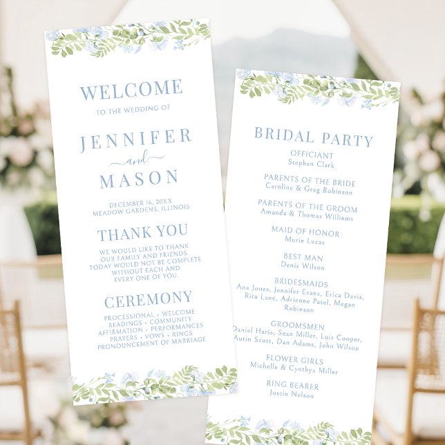 Boho Light Blue WildFlower Wedding Program Card (Criador carregado)