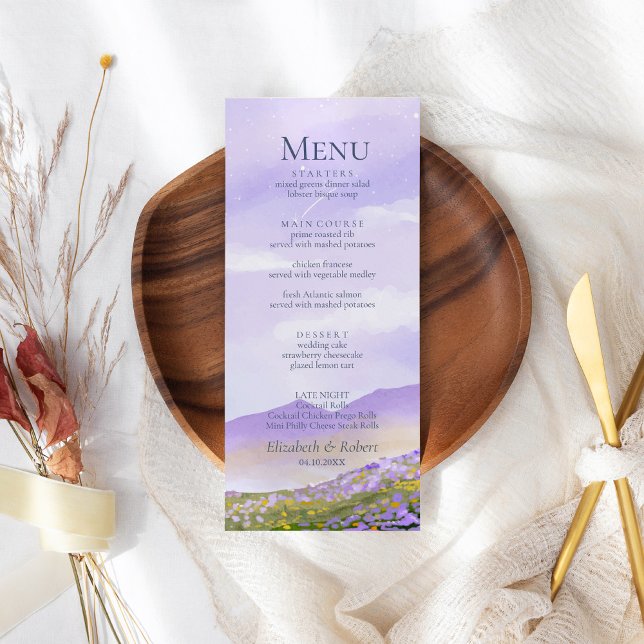 Boho Lilac Night Mountain Landscape Menu (Boho Lilac Night Mountain Landscape Wedding Menu on a boho wedding table.)