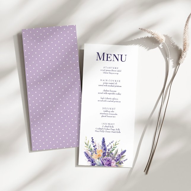 Boho Lilac Watercolor Wildflower Menu Card (Boho Lilac Watercolor Wildflower Wedding Menu Card on a sunny white table.)