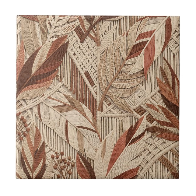 Boho Macrame Folhas Tropicais Terracota Bege (Frente)