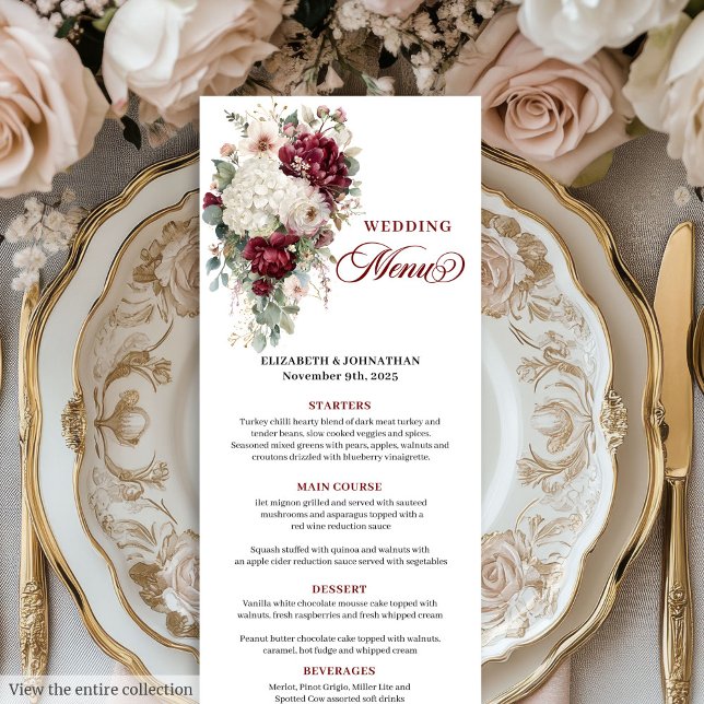 Boho maroon branco ouro, design de menu de casamen (Boho maroon white gold floral wedding menu design

)