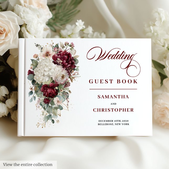 Boho Maroon White Gold rosa livro de convidados (Boho maroon white gold roses wedding guest book

)