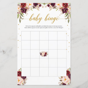 Boho marsala burgundy jogo de bingo de ouro floral