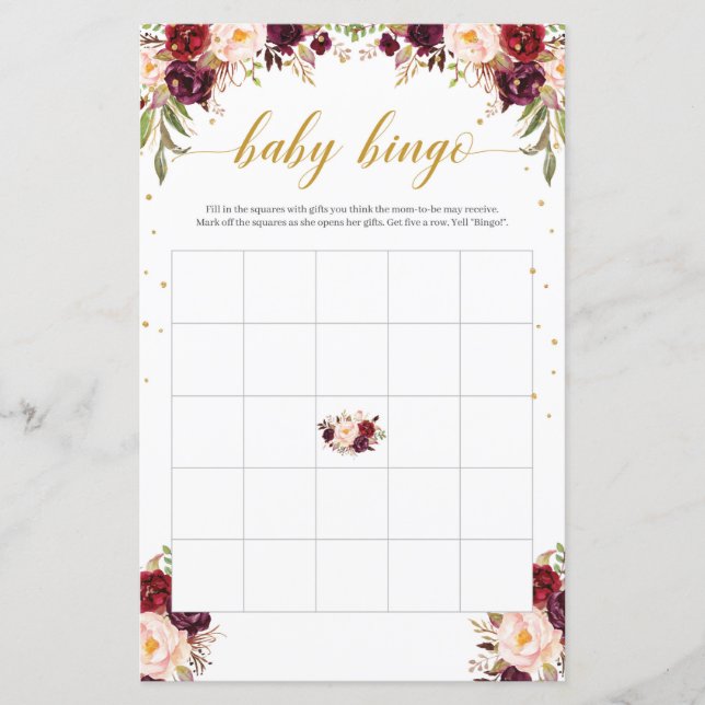 Boho marsala burgundy - jogo de bingo floral de ou (Frente)