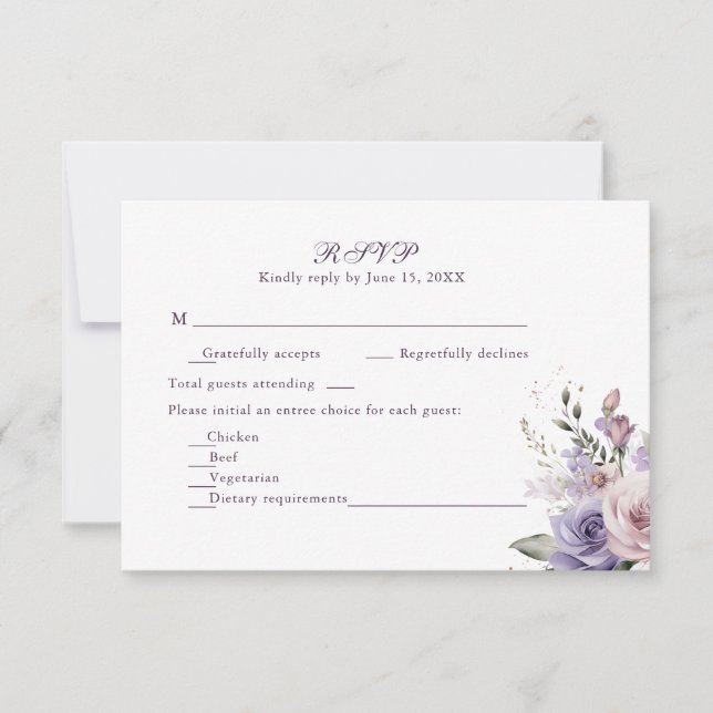 Boho Mauve and Lilac Flowers Wedding RSVP Card (Frente)