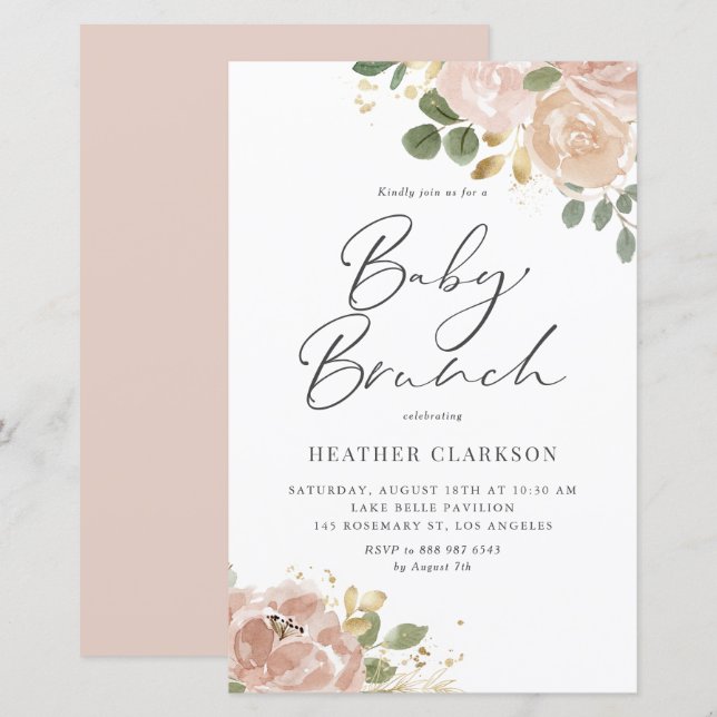 Boho Mauve Peach Flowers Baby Brunch Convite (Frente/Verso)