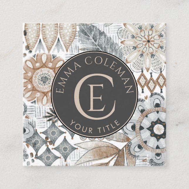 Boho Monogramas Cartão de visita de Folha Floral (Frente)