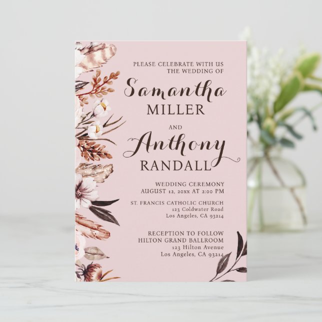 Boho Muted Watercolor Flowers Convite De Casamento (Em pé/Frente)